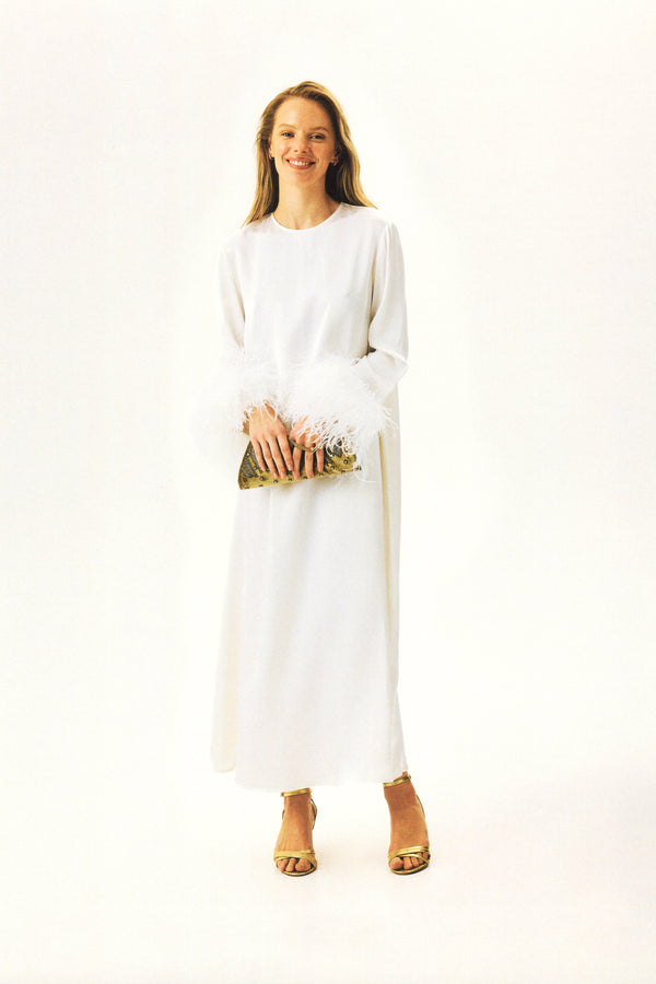 Sleeper Suzi Maxi Dress With Detachable Feathers In White