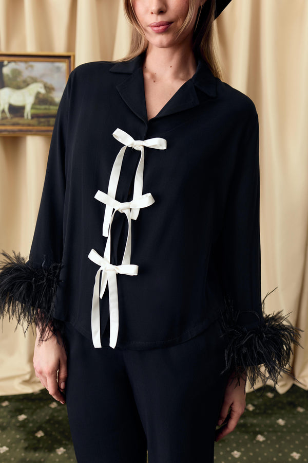 Sleeper The Bow Pajama Set With Detachable Feathers In Black