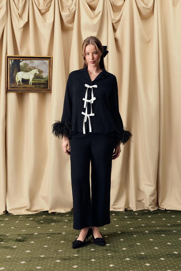Sleeper The Bow Pajama Set With Detachable Feathers In Black