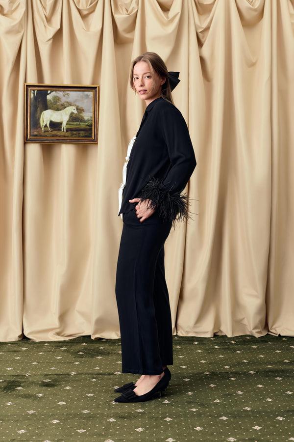 Sleeper The Bow Pajama Set With Detachable Feathers In Black
