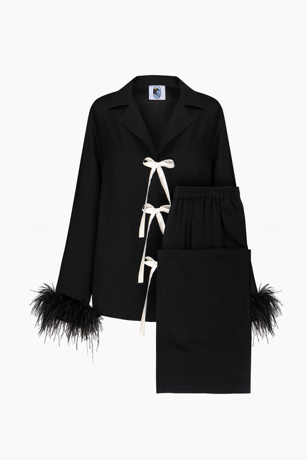 sleeper The Bow Pajama Set with Detachable Feathers in Black