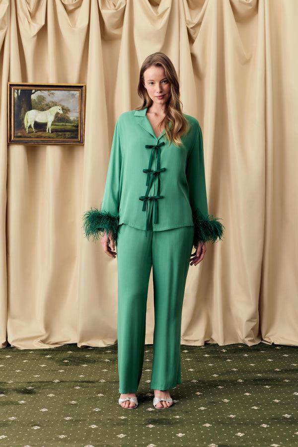 Sleeper The Bow Pajama Set With Detachable Feathers In Green