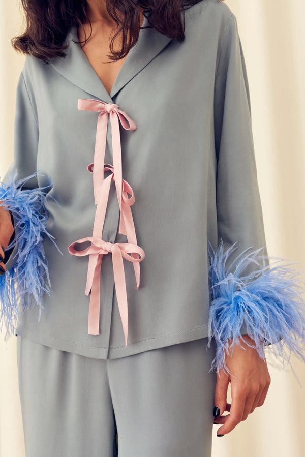 Sleeper The Bow Pajama Set With Detachable Feathers In Grey