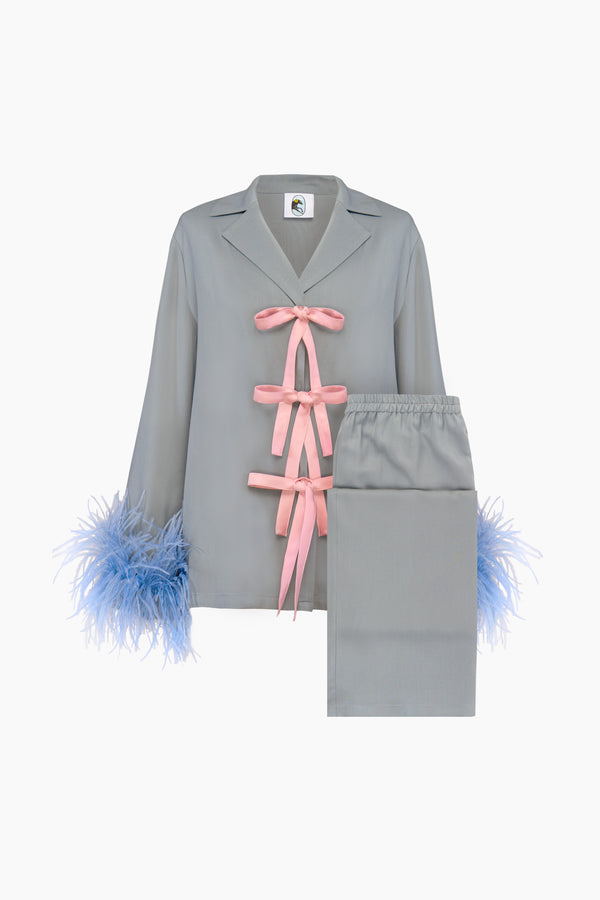 Sleeper The Bow Pajama Set With Detachable Feathers In Grey