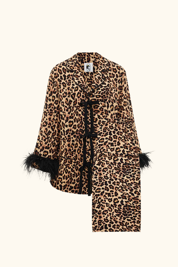 Sleeper The Bow Pajamas Set With Detachable Feathers In Leopard