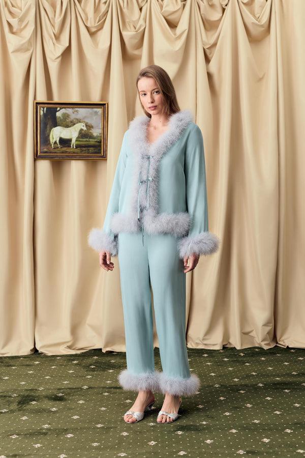 Sleeper Venus In Love Pants With Detachable Feathers In Dove Blue