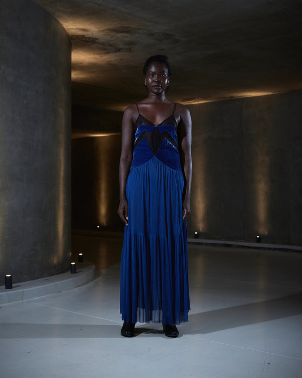 sleeping with jacques FRANCINE VELVET MAXI DRESS INDIGO BLUE 