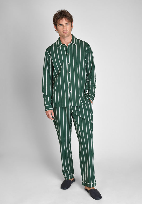 Sleepy Jones Henry Pajama Set In Hunter & Cream Sateen Stripe