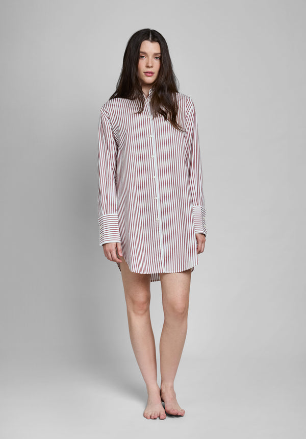 Sleepy Jones Jo Band Collar Nightdress In Burgundy Stripe