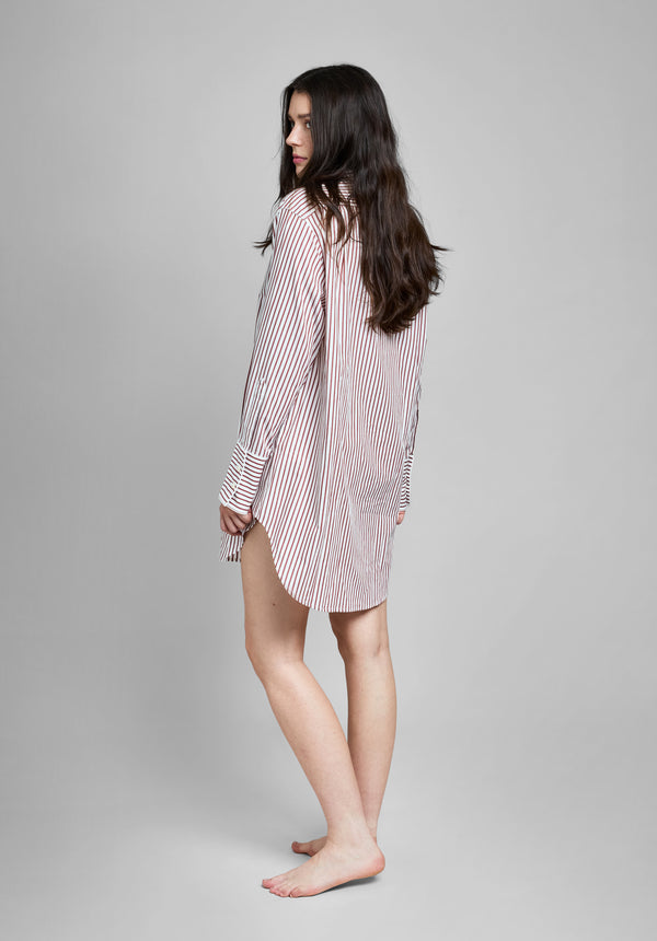 Sleepy Jones Jo Band Collar Nightdress In Burgundy Stripe