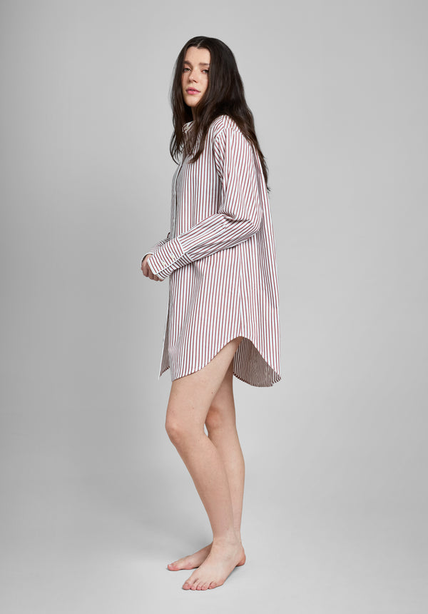 Sleepy Jones Jo Band Collar Nightdress In Burgundy Stripe