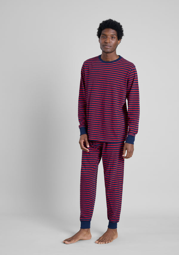 Sleepy Jones Keith Lounge Set In Navy And Red Stripe Slub Jersey