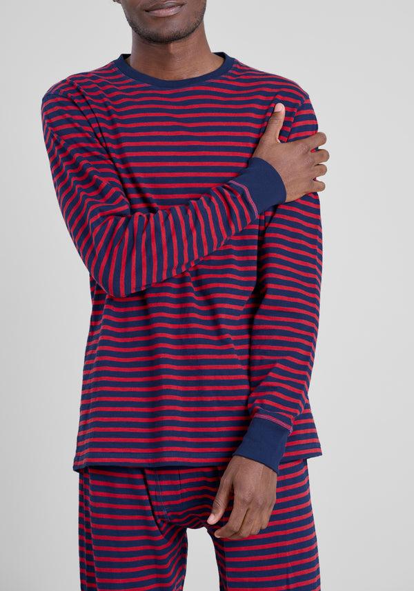 Sleepy Jones Keith Lounge Set In Navy And Red Stripe Slub Jersey