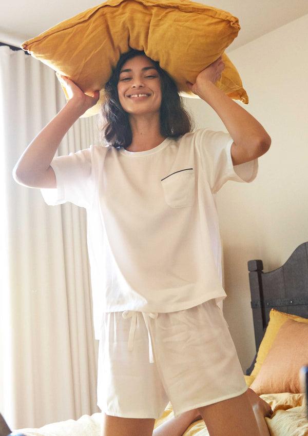 Sleepy Jones Leonora Short Set In White Washable Silk