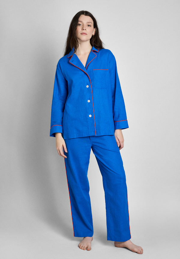 Sleepy Jones Margaret Pajama Set In Azure Linen-Cotton