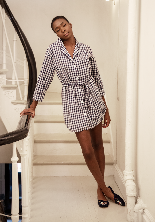 Sleepy Jones Marina Shirt Dress In Large Navy Gingham