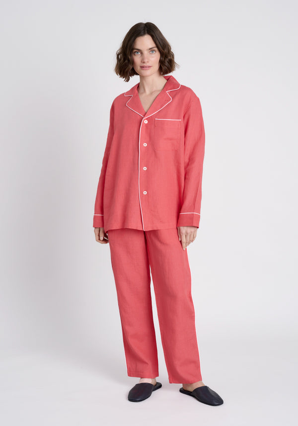 Sleepy Jones Milton Pajama Shirt In Washed Red Linen