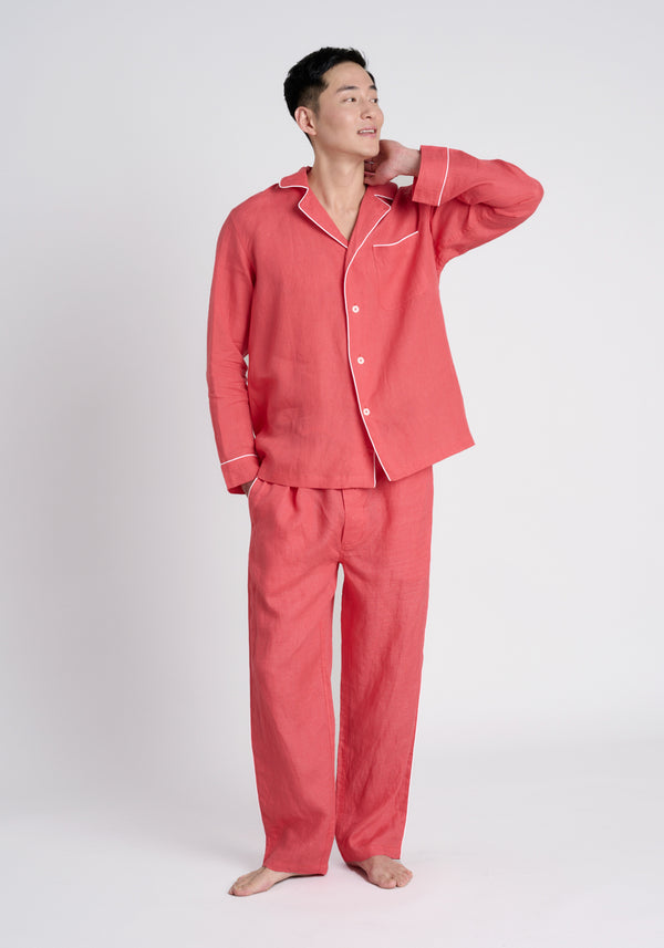 Sleepy Jones Milton Pajama Shirt In Washed Red Linen