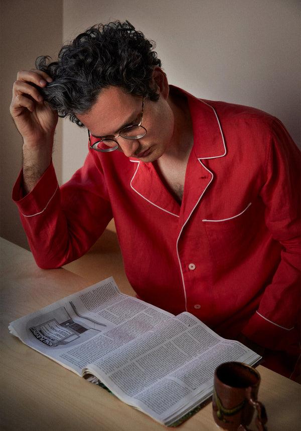 Sleepy Jones Milton Pajama Shirt In Washed Red Linen