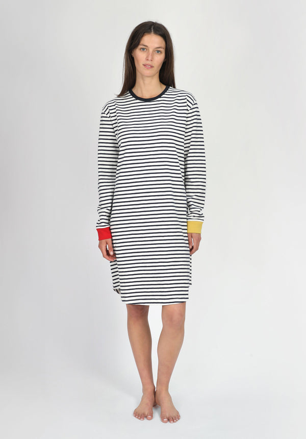 Sleepy Jones Twyla T-Shirt Dress In White & Navy Striped Jersey Colorblock