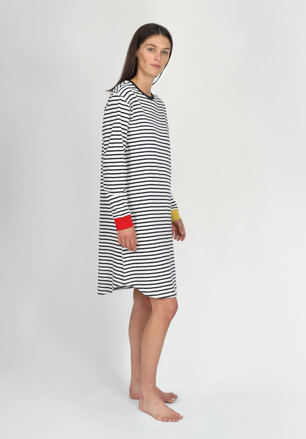 Sleepy Jones Twyla T-Shirt Dress In White & Navy Striped Jersey Colorblock
