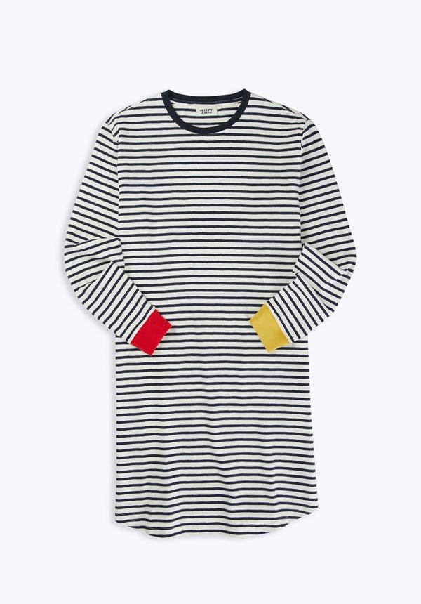sleepy jones Twyla T-Shirt Dress in White & Navy Striped Jersey Colorblock