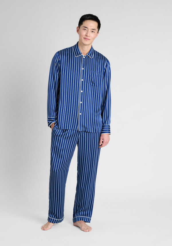 Sleepy Jones Washable Silk Henry Pajama Set In Blue & White Tie Stripe