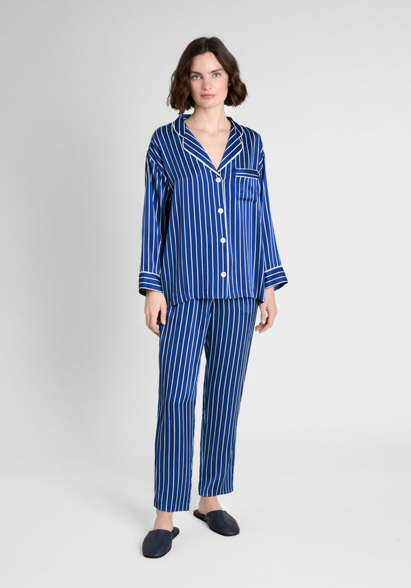 Sleepy Jones Washable Silk Marina Pajama Set In Blue & White Tie Stripe