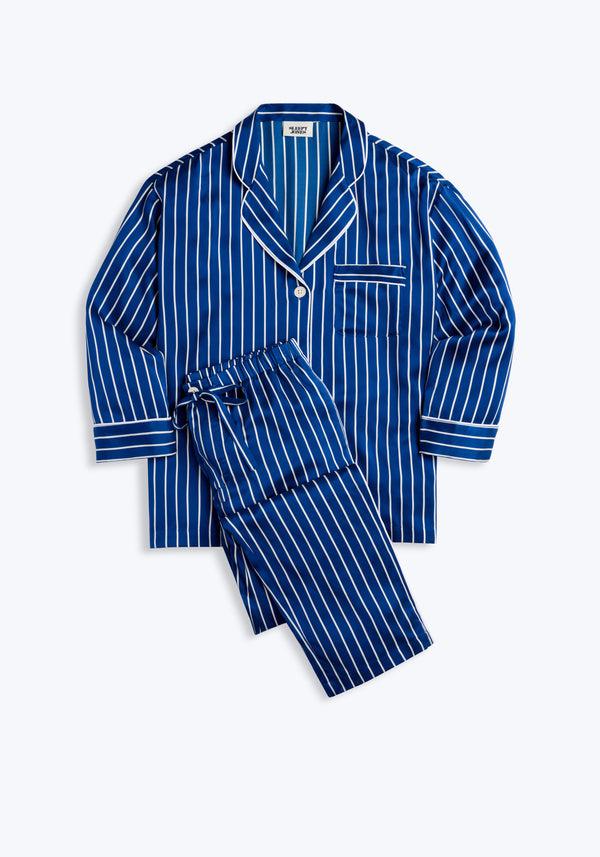 sleepy jones Washable Silk Marina Pajama Set in Blue & White Tie Stripe