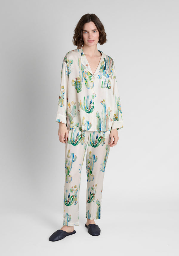 Sleepy Jones Washable Silk Marina Pajama Set In Cacti Watercolor