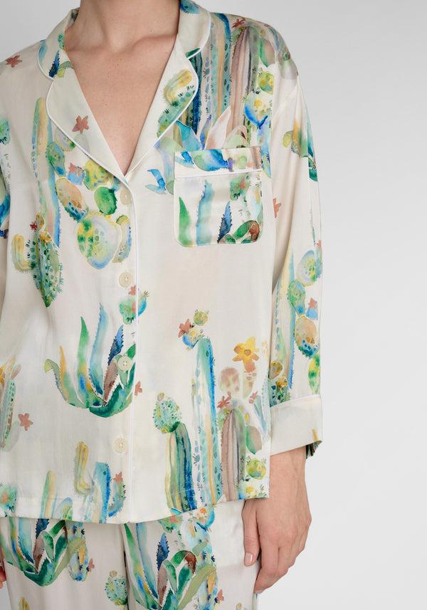 Sleepy Jones Washable Silk Marina Pajama Set In Cacti Watercolor