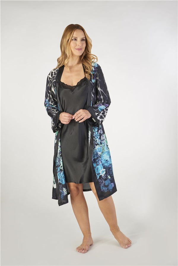 Slenderella Animal Floral Print Satin 36" Chemise And 40" Wrap Set GL2785