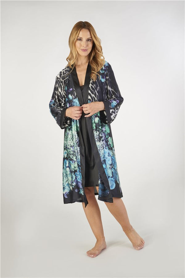 slenderella Animal Floral Print Satin 36" Chemise and 40" Wrap Set GL2785