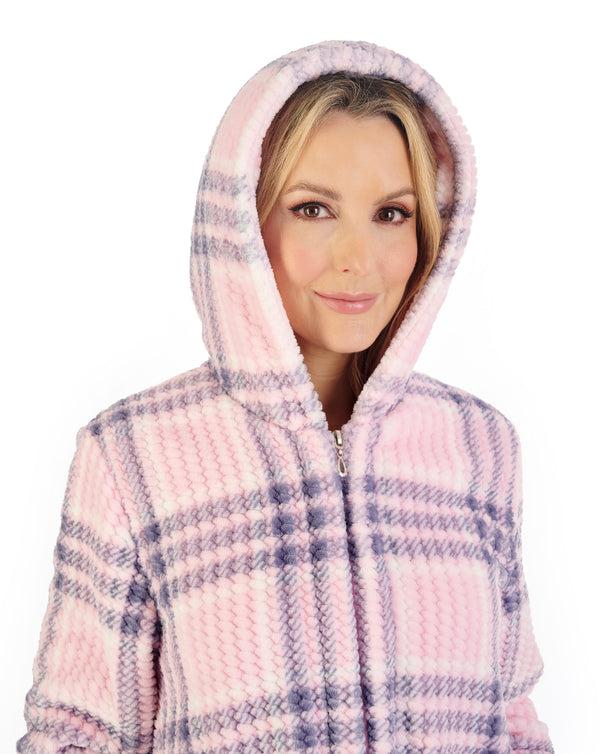Slenderella Check Print Waffle 46" Hooded Zip Housecoat HC06331