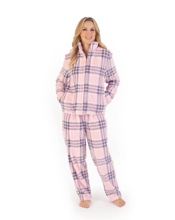 slenderella Check Print Waffle Zip Through Pyjama PJ06330