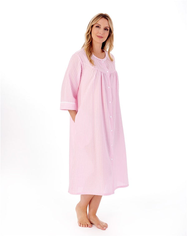 Slenderella Classic Stripe Seersucker 45" Popper Woven Housecoat HC01227