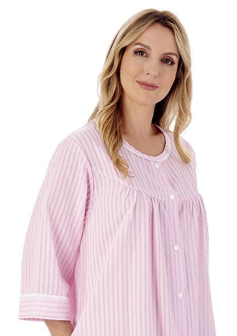 Slenderella Classic Stripe Seersucker 45" Popper Woven Housecoat HC01227