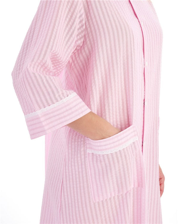 Slenderella Classic Stripe Seersucker 45" Popper Woven Housecoat HC01226