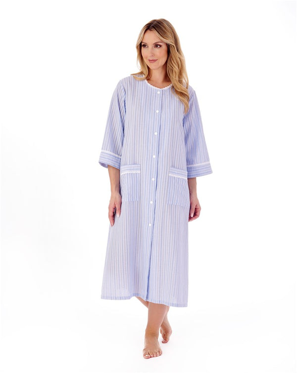 Slenderella Classic Stripe Seersucker 45" Popper Woven Housecoat HC01226
