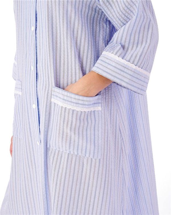 Slenderella Classic Stripe Seersucker 45" Popper Woven Housecoat HC01226