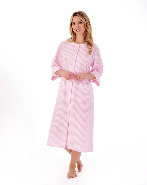 slenderella Classic Stripe Seersucker 45" Popper Woven Housecoat HC01226
