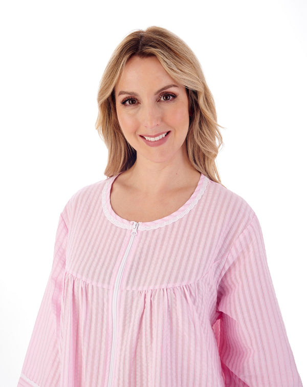 Slenderella Classic Stripe Seersucker 45" Zip Front Woven Housecoat HC01229