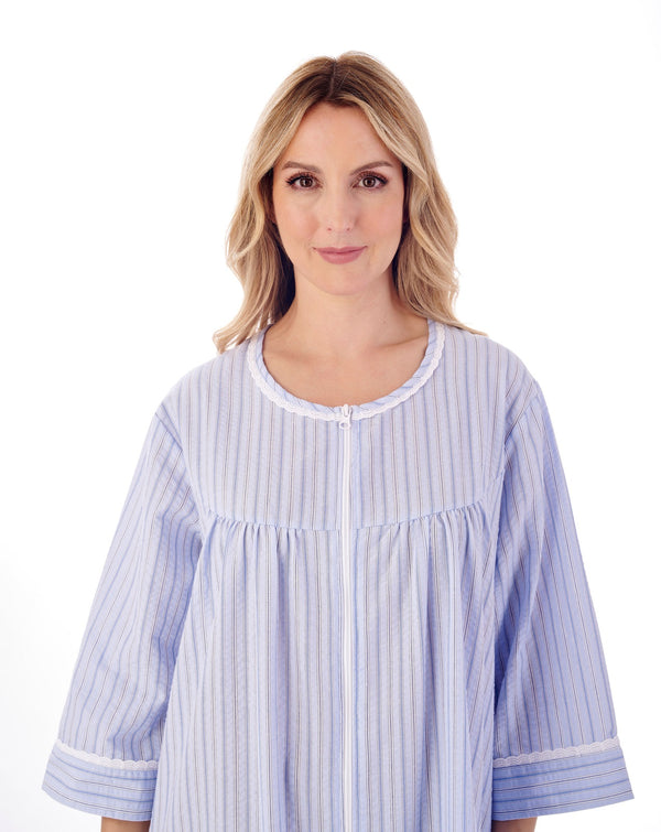 Slenderella Classic Stripe Seersucker 45" Zip Front Woven Housecoat HC01229