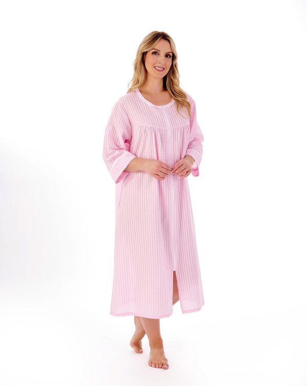 slenderella Classic Stripe Seersucker 45" Zip Front Woven Housecoat HC01229