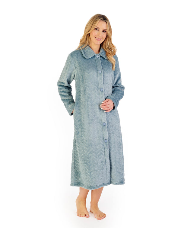 Slenderella Embossed Pattern Fleece 46" Button Through Housecoat HC06316