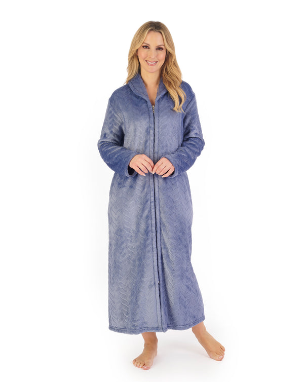 slenderella Embossed Pattern Fleece 50" Zip Through Housecoat HC06317