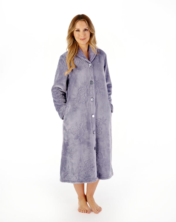 slenderella Floral Embossed Fleece 46" Button Housecoat HC08316