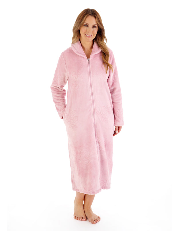 slenderella Floral Embossed Fleece 46" Zip Housecoat HC08318