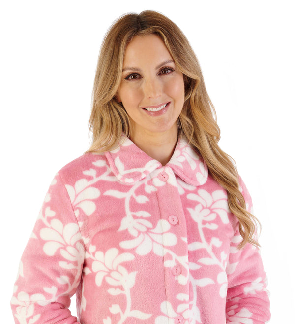 Slenderella Floral Flannel Fleece 46" Button Through Housecoat HC08311