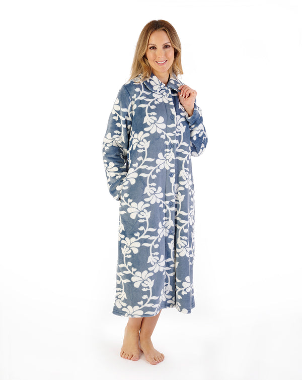 Slenderella Floral Flannel Fleece 46" Button Through Housecoat HC08311